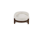 Beige oval dog bed with fabric cushion and solid wood frame — dimensions and fit