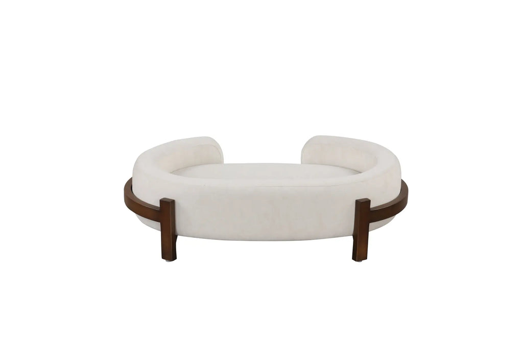 Beige oval dog bed with fabric cushion and solid wood frame — feature overview