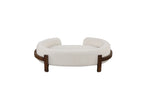 Beige oval dog bed with fabric cushion and solid wood frame — feature overview