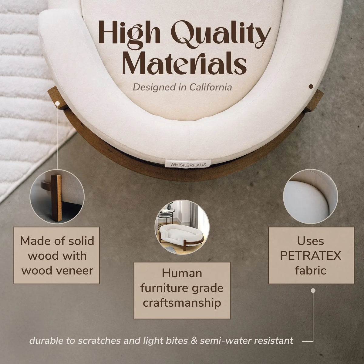 Beige oval dog bed with fabric cushion and solid wood frame — material detail