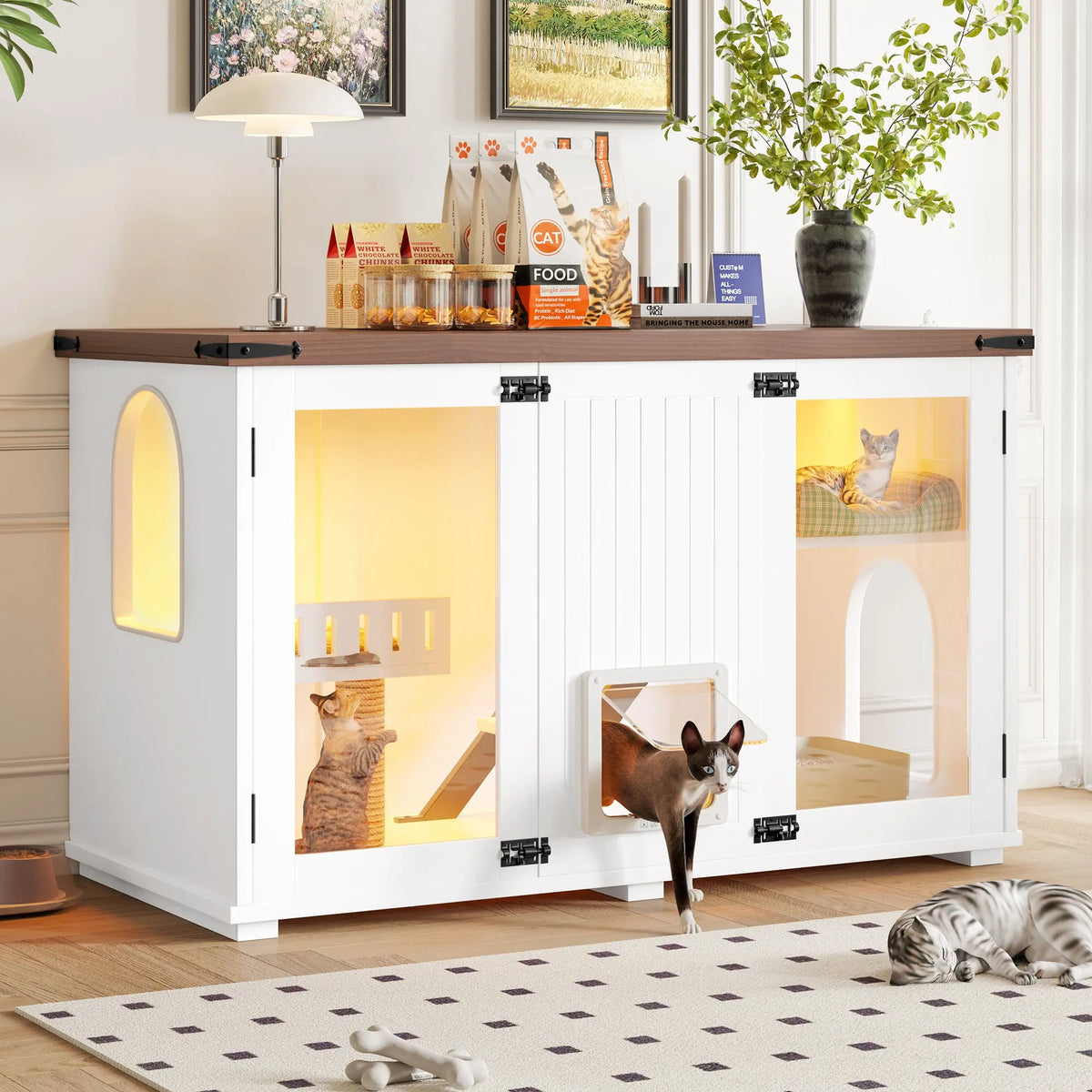 White large cat litter box enclosure with LED light and scratching post — main product view Main image