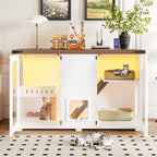 White large cat litter box enclosure with LED light and scratching post — lifestyle view