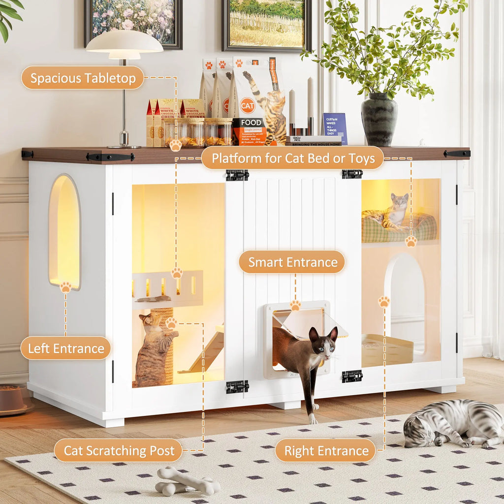 White large cat litter box enclosure with LED light and scratching post — overall design