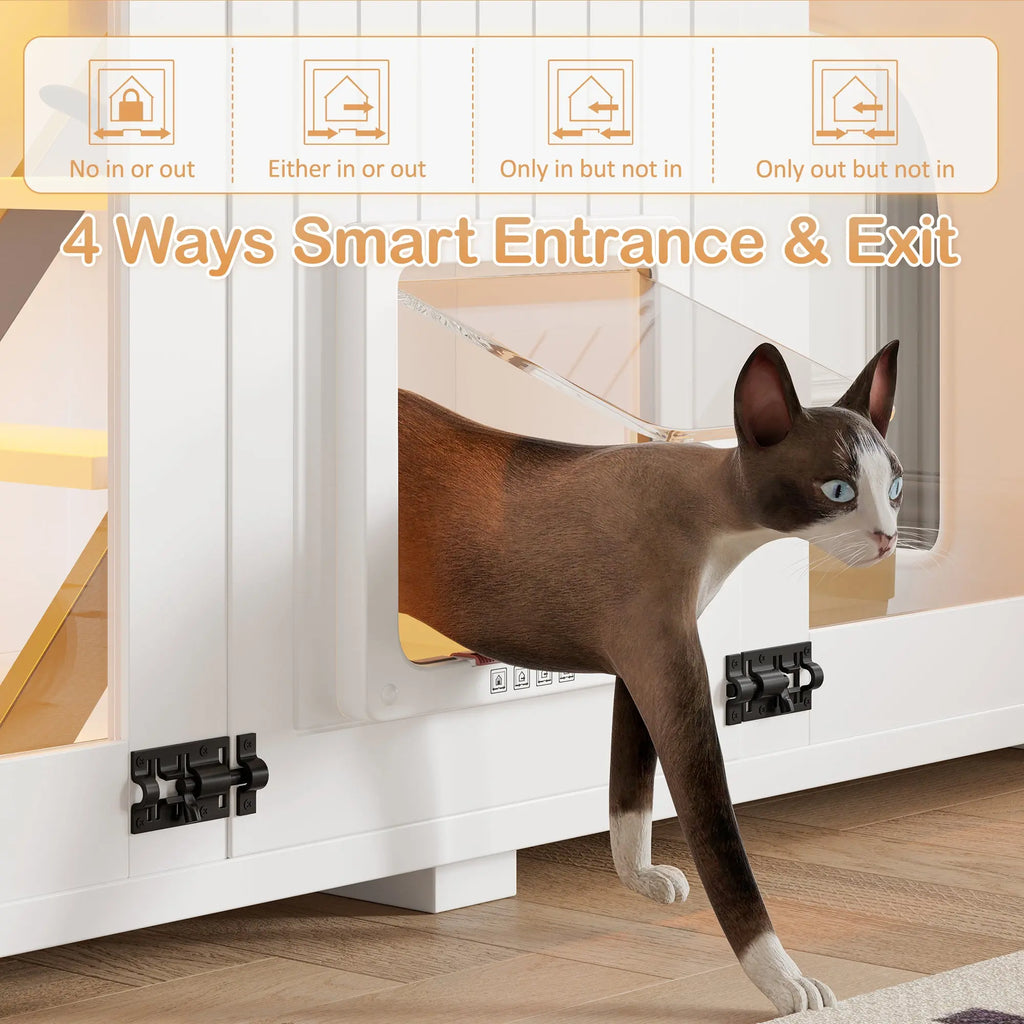 White large cat litter box enclosure with LED light and scratching post — feature overview