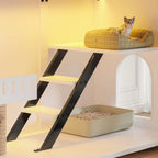 White large cat litter box enclosure with LED light and scratching post — construction detail