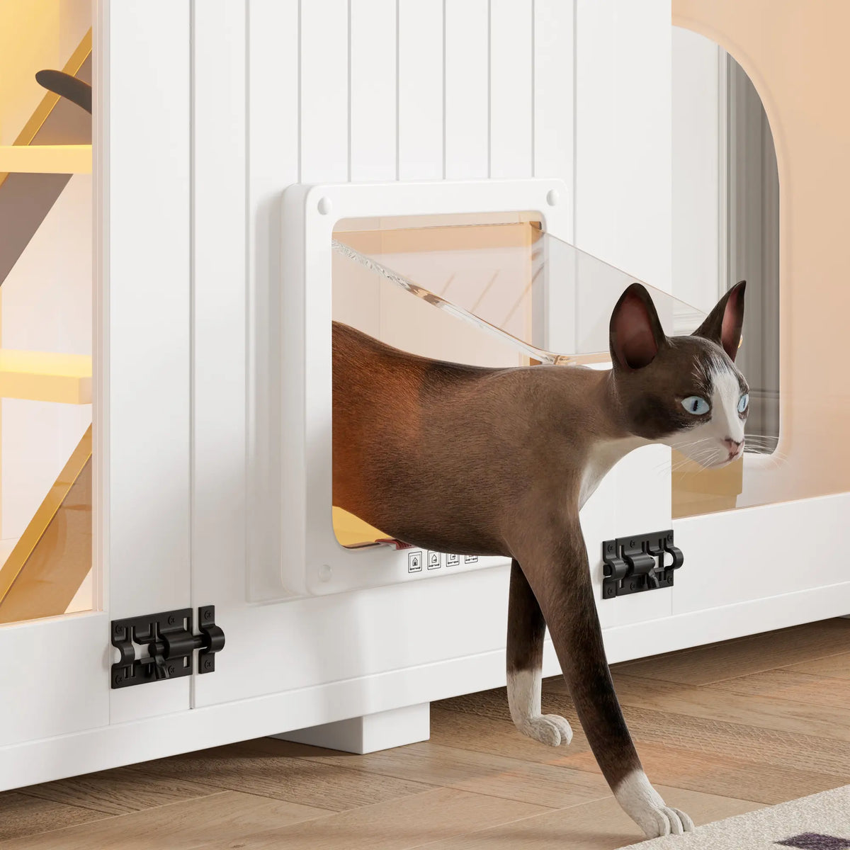 White large cat litter box enclosure with LED light and scratching post — usage example