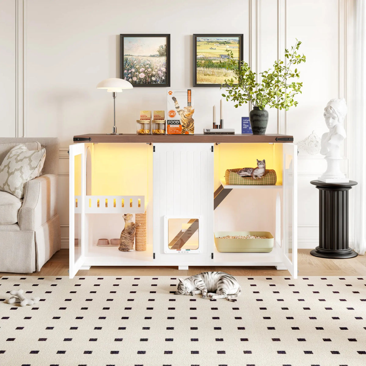 White large cat litter box enclosure with LED light and scratching post — side view