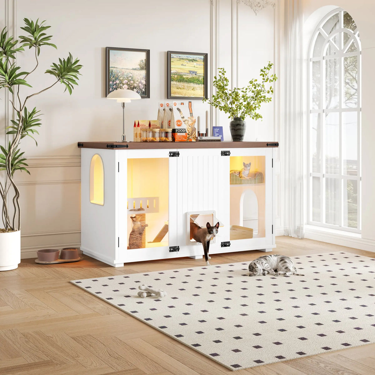 White large cat litter box enclosure with LED light and scratching post — close-up detail
