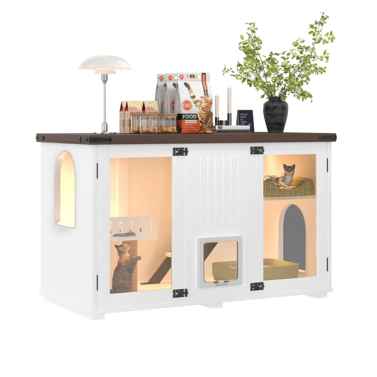 White large cat litter box enclosure with LED light and scratching post — assembly detail