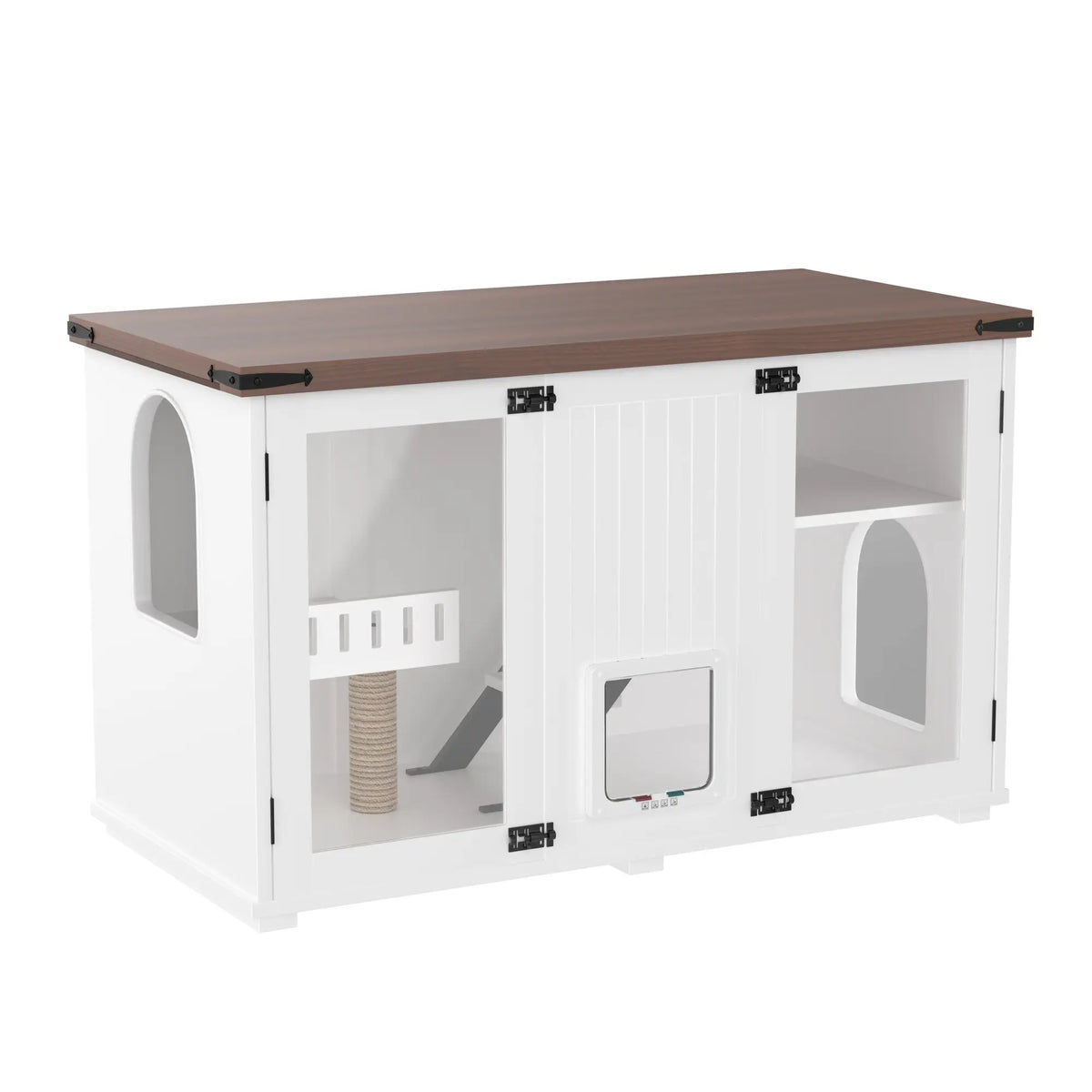 White large cat litter box enclosure with LED light and scratching post — storage view