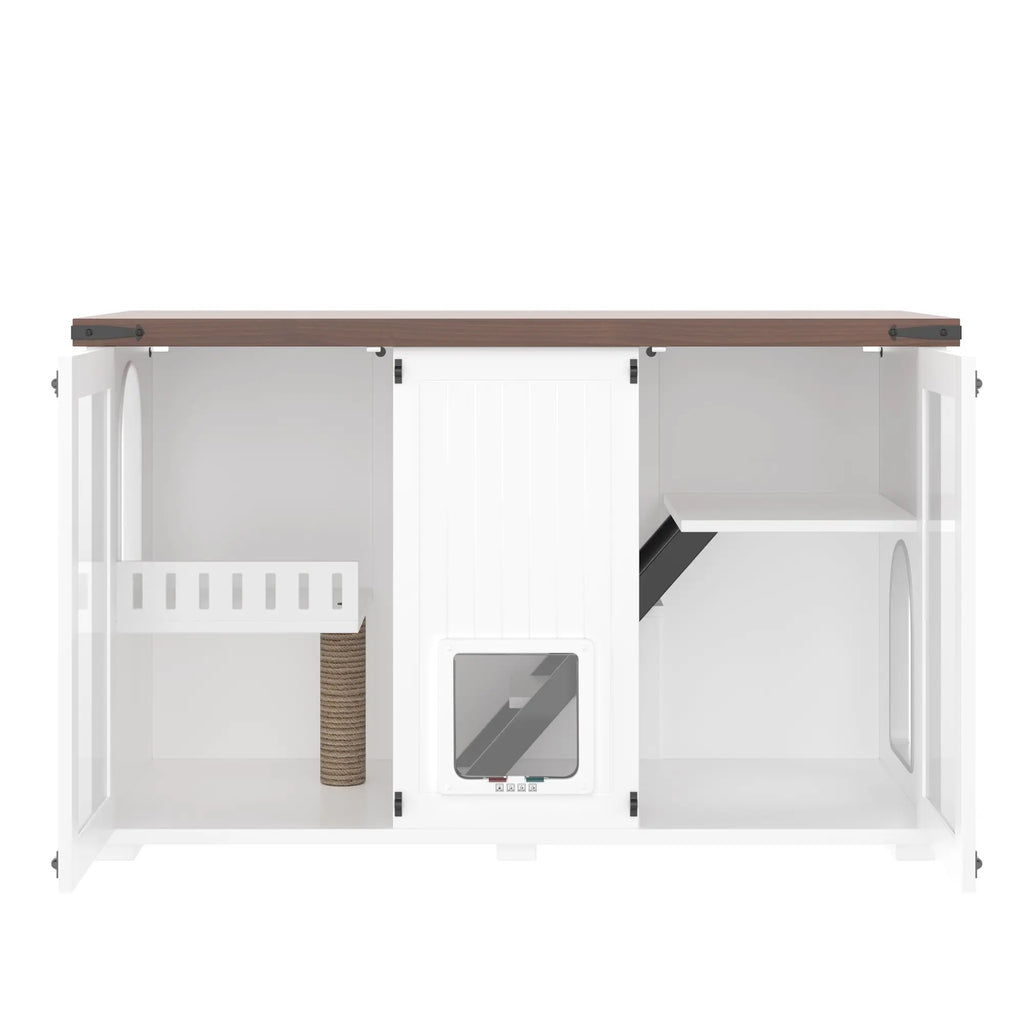 White large cat litter box enclosure with LED light and scratching post — additional feature view