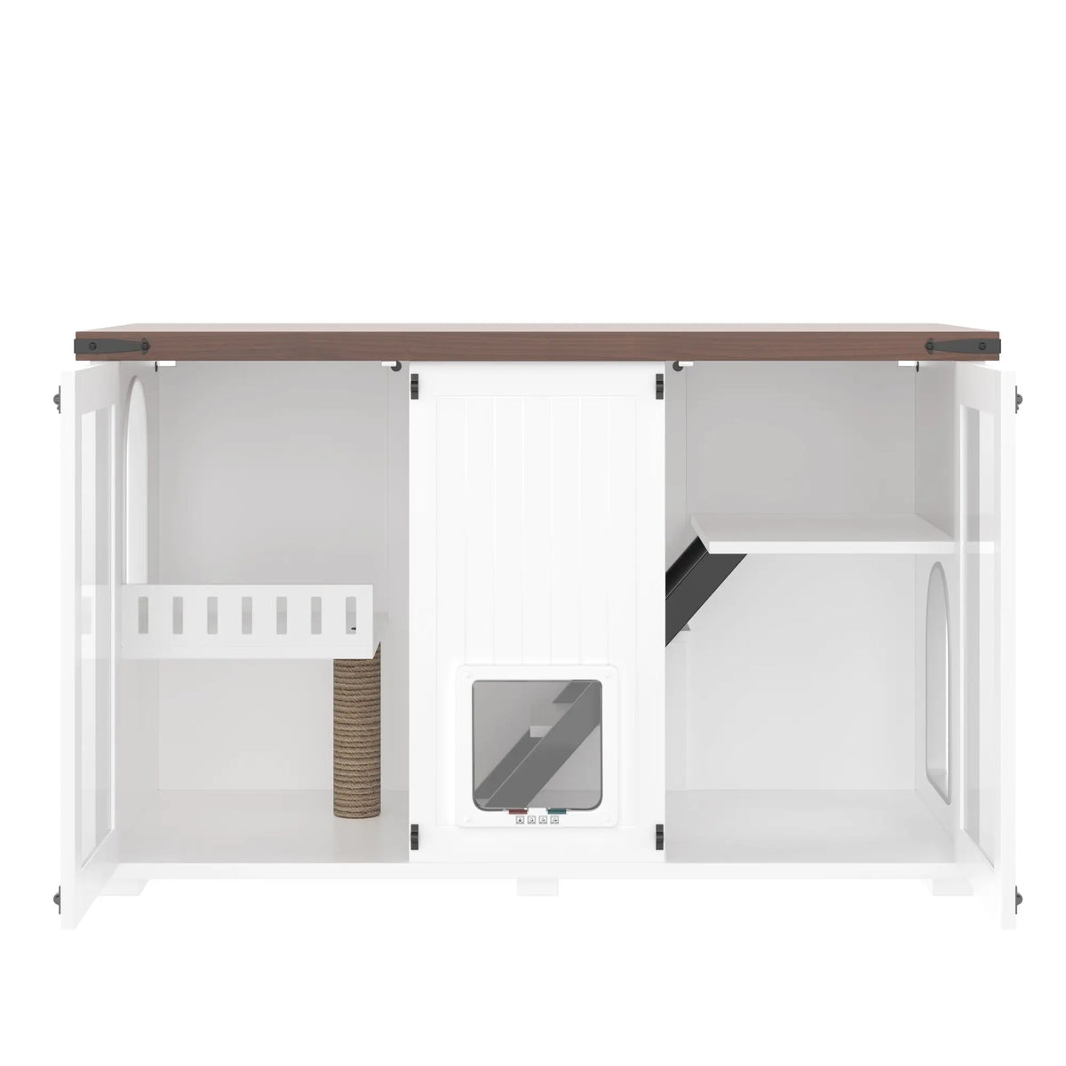 White large cat litter box enclosure with LED light and scratching post — additional feature view