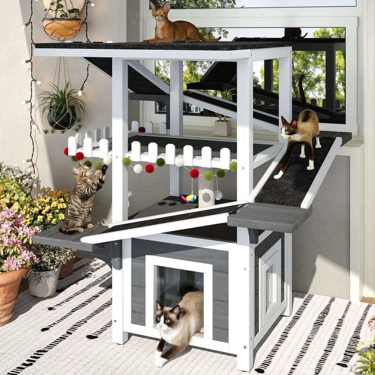 Gray and white four-tier outdoor cat house with ramps and waterproof roof — main product view Main image
