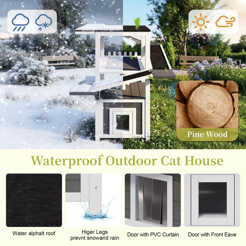 Gray and white four-tier outdoor cat house with ramps and waterproof roof — overall design