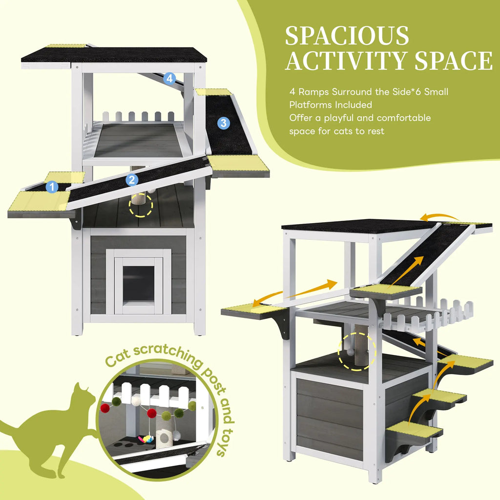 Gray and white four-tier outdoor cat house with ramps and waterproof roof — dimensions and fit