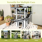 Gray and white four-tier outdoor cat house with ramps and waterproof roof — feature overview