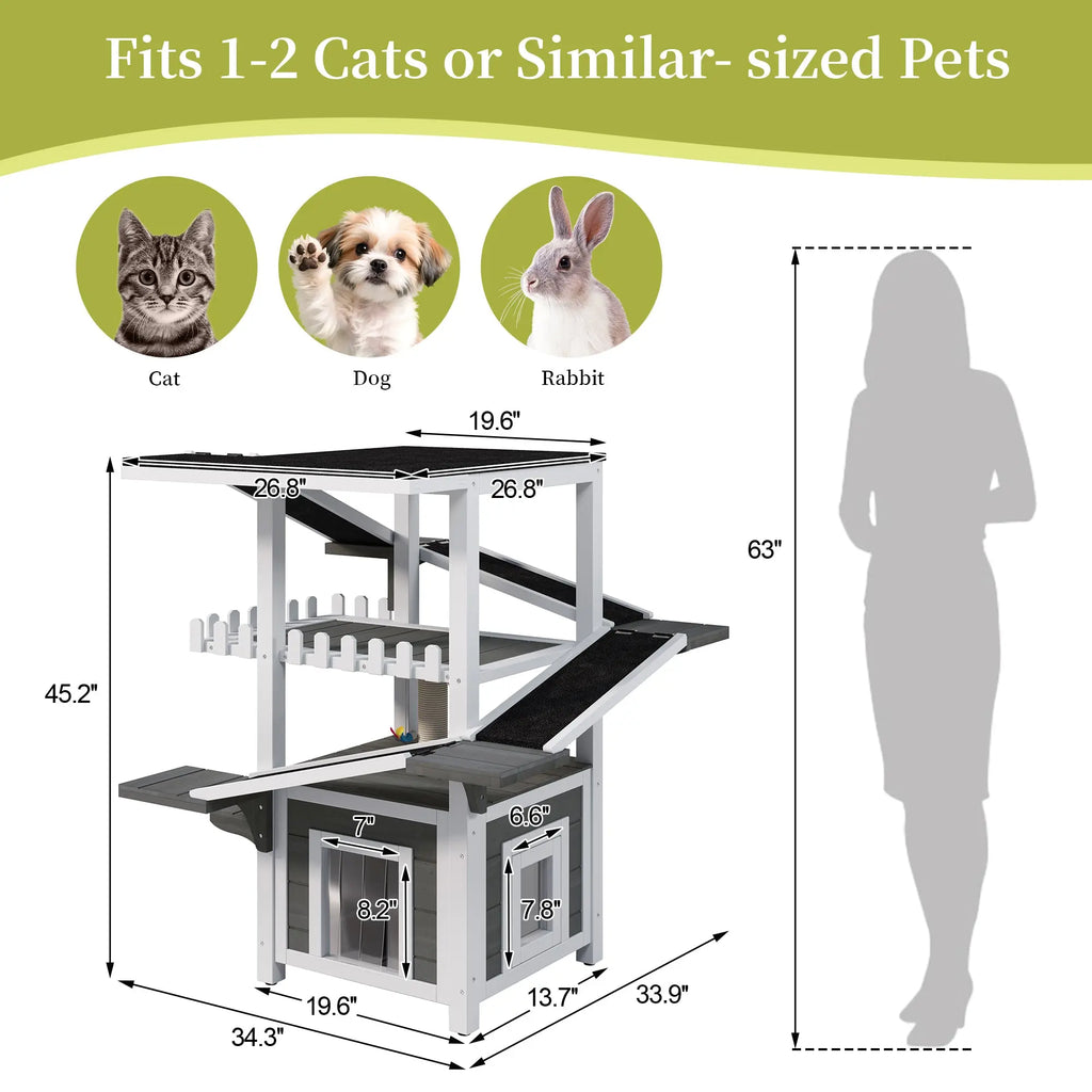 Gray and white four-tier outdoor cat house with ramps and waterproof roof — construction detail