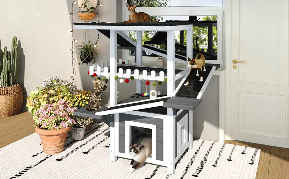 Gray and white four-tier outdoor cat house with ramps and waterproof roof — side view