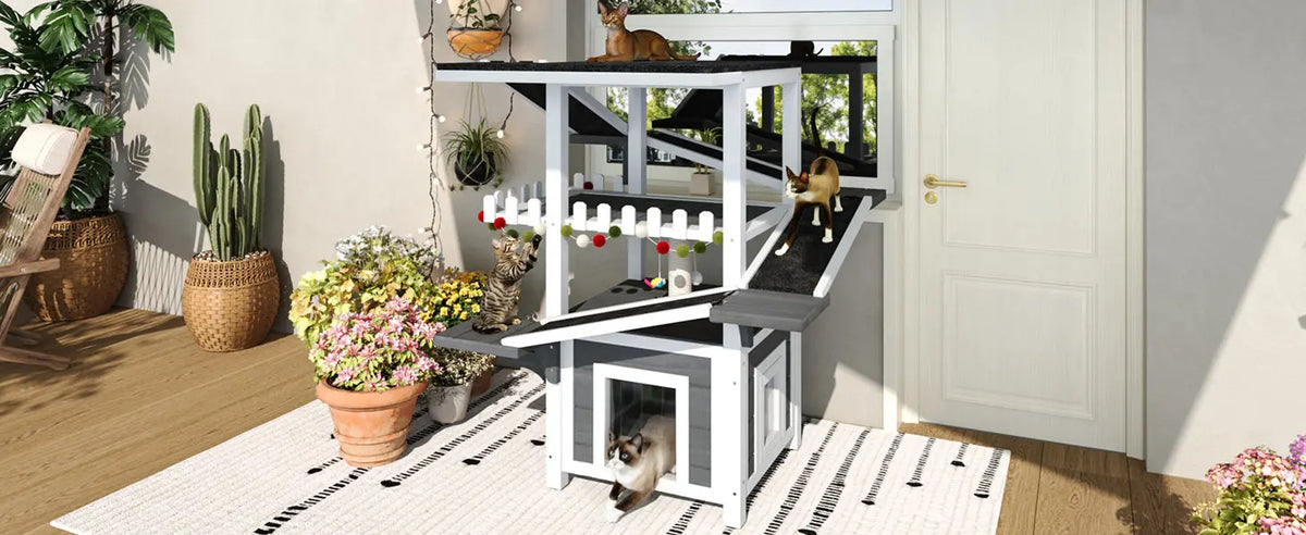 Gray and white four-tier outdoor cat house with ramps and waterproof roof — close-up detail