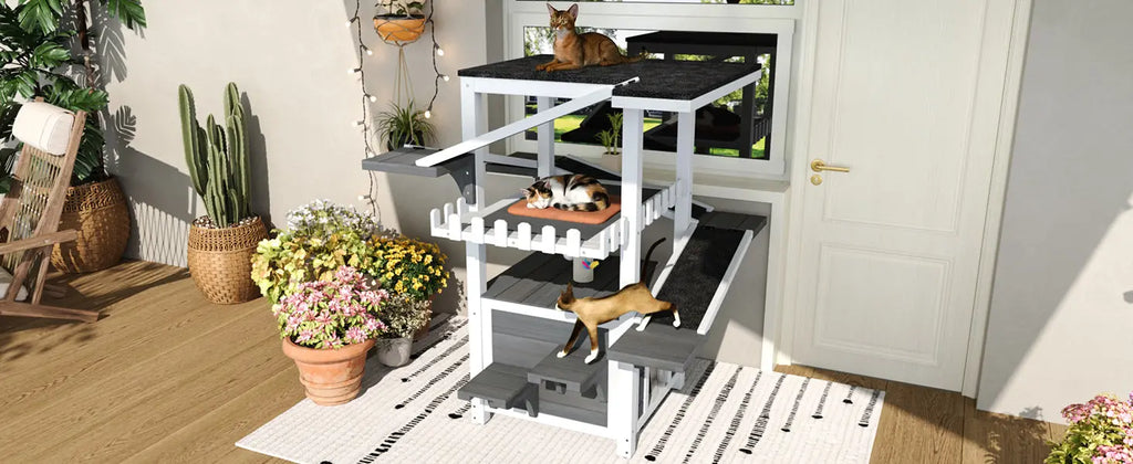 Gray and white four-tier outdoor cat house with ramps and waterproof roof — assembly detail