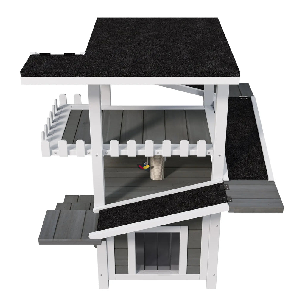 Gray and white four-tier outdoor cat house with ramps and waterproof roof — storage view