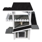 Gray and white four-tier outdoor cat house with ramps and waterproof roof — storage view