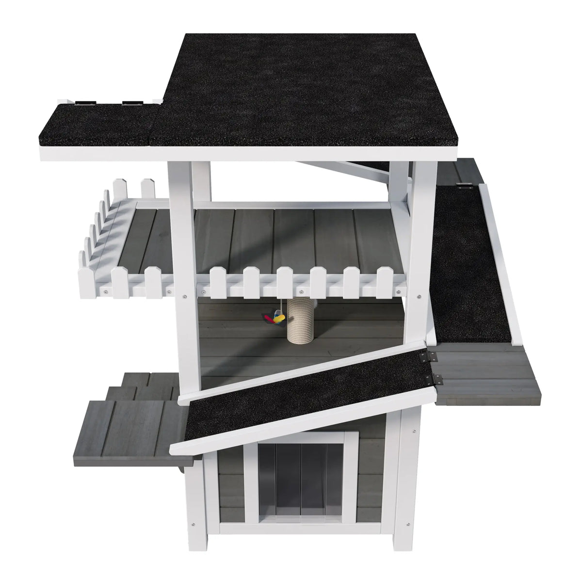 Gray and white four-tier outdoor cat house with ramps and waterproof roof — storage view