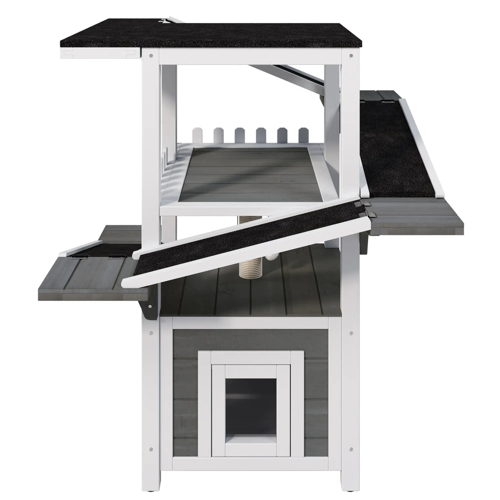 Gray and white four-tier outdoor cat house with ramps and waterproof roof — additional feature view
