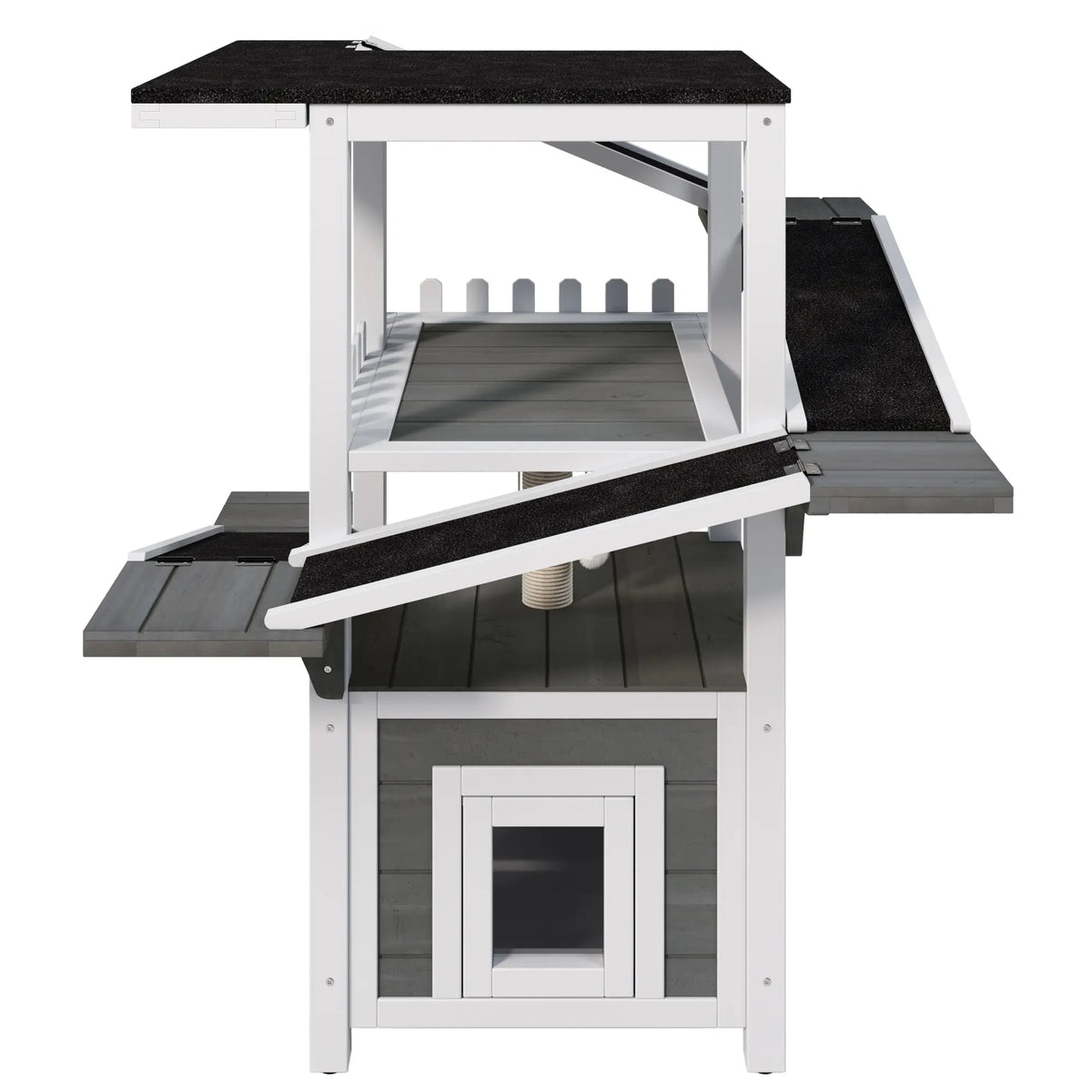 Gray and white four-tier outdoor cat house with ramps and waterproof roof — additional feature view