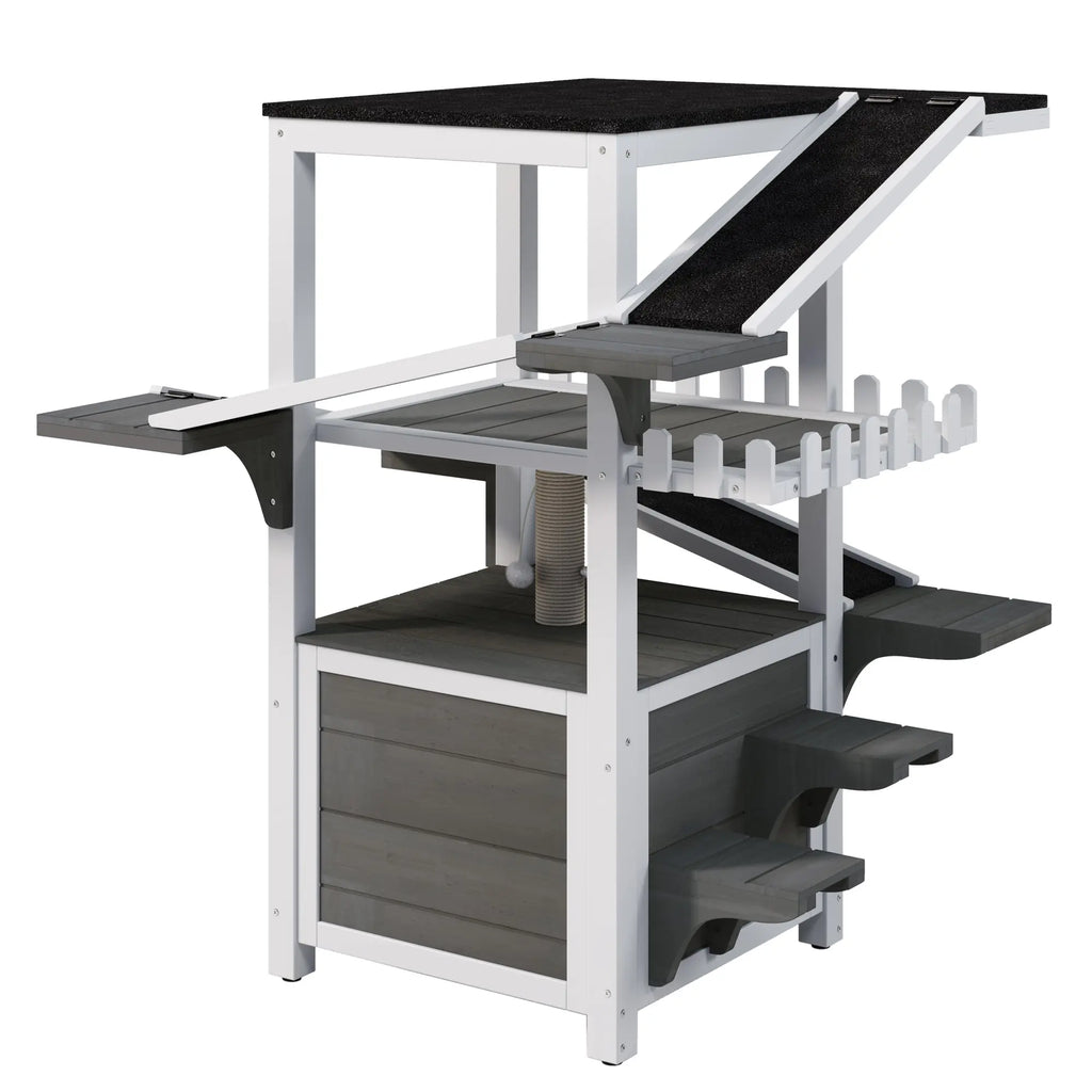 Gray and white four-tier outdoor cat house with ramps and waterproof roof — alternate angle