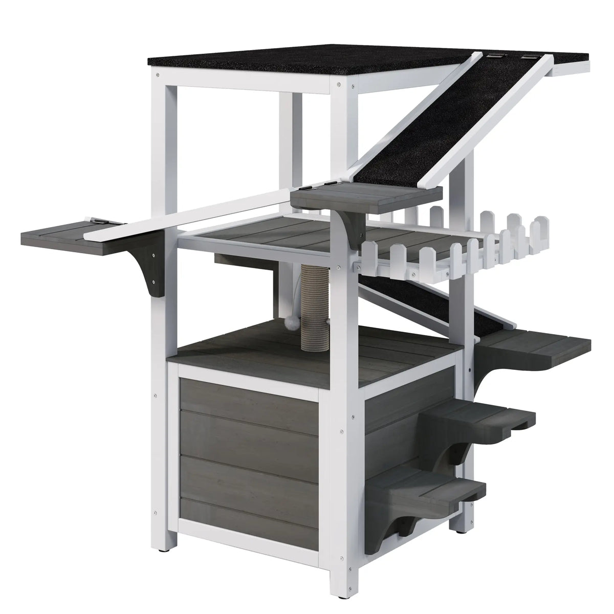 Gray and white four-tier outdoor cat house with ramps and waterproof roof — alternate angle