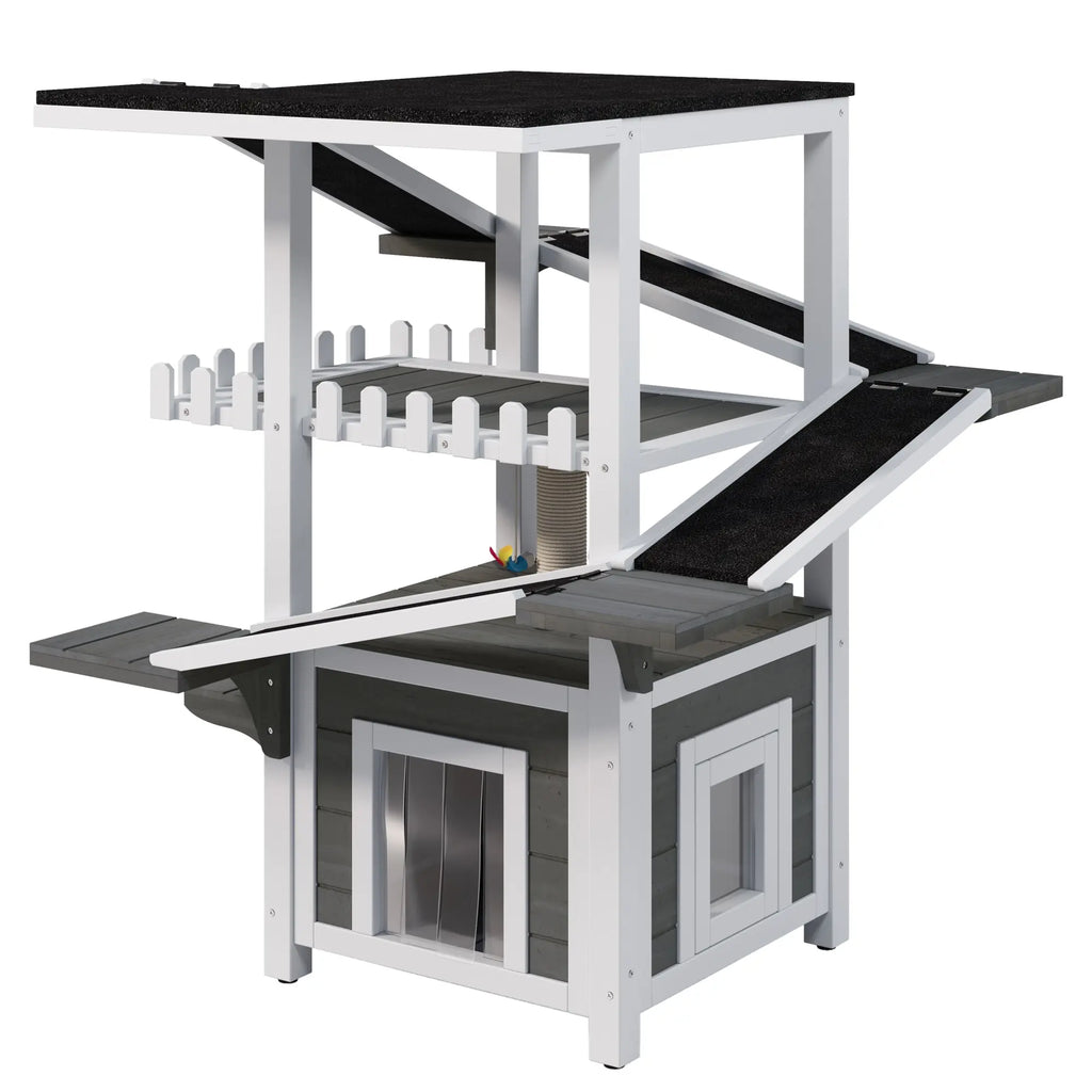 Gray and white four-tier outdoor cat house with ramps and waterproof roof — product detail