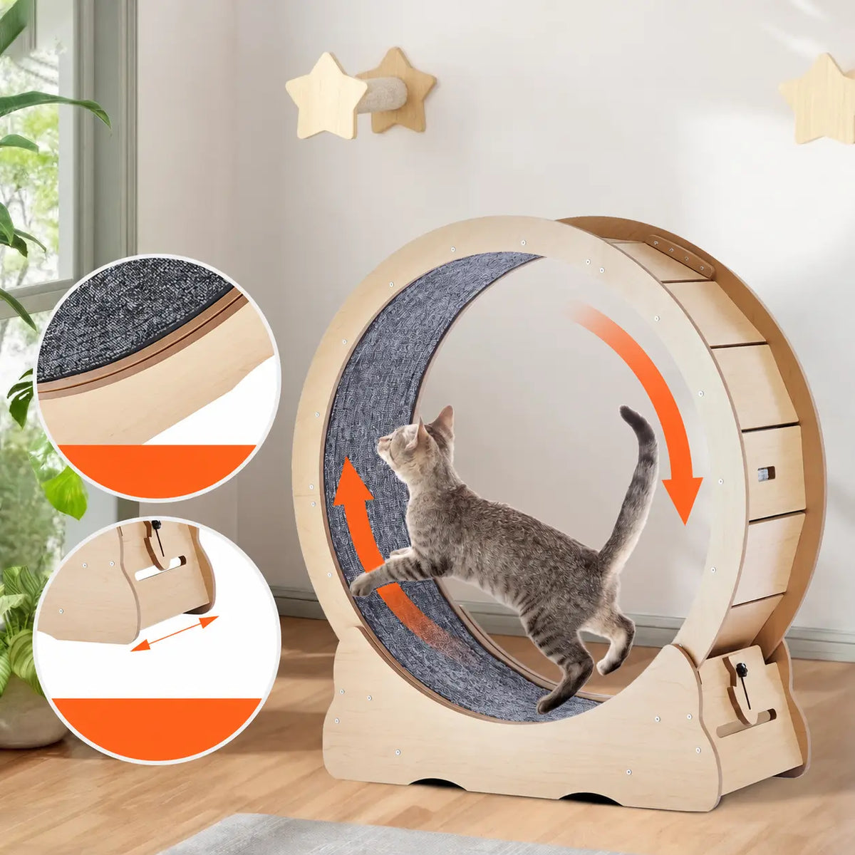 35.8-inch wooden cat exercise wheel with cat and construction detail views Main image