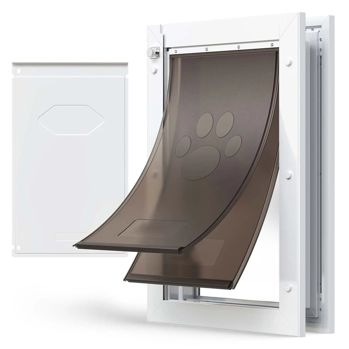 White large dog door with metal frame and double magnetic flaps — main product view