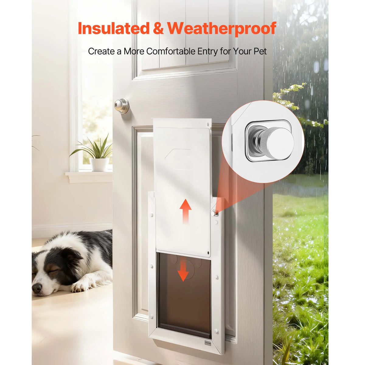 White large dog door with metal frame and double magnetic flaps — dimensions and fit