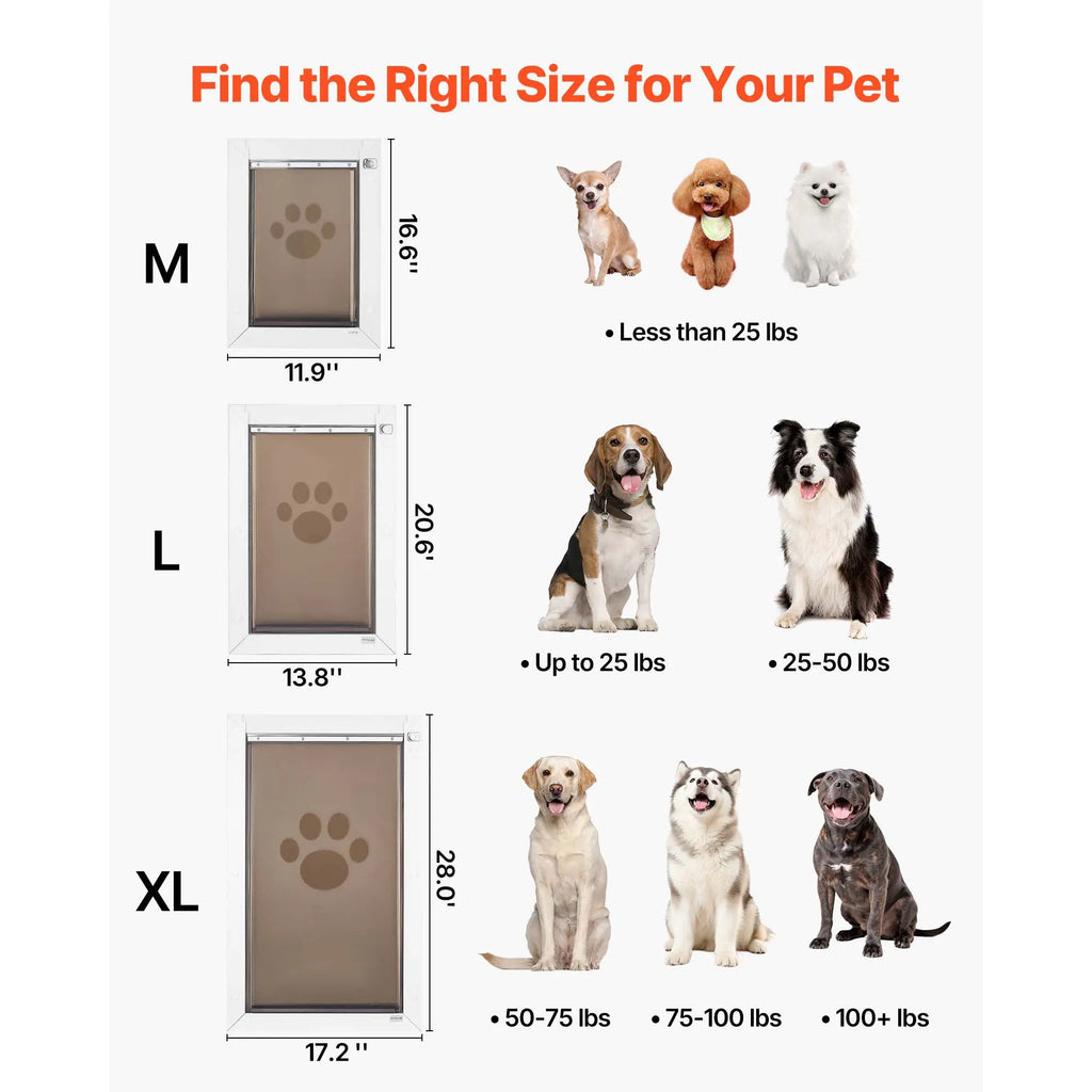 White large dog door with metal frame and double magnetic flaps — material detail