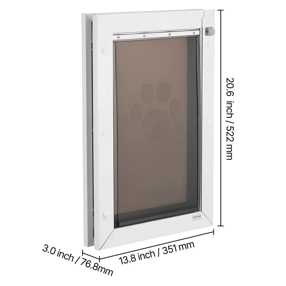 White large dog door with metal frame and double magnetic flaps — usage example