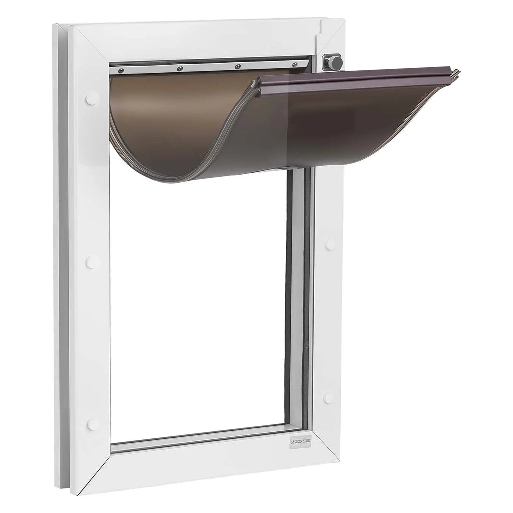 White large dog door with metal frame and double magnetic flaps — side view
