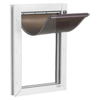 White large dog door with metal frame and double magnetic flaps — side view