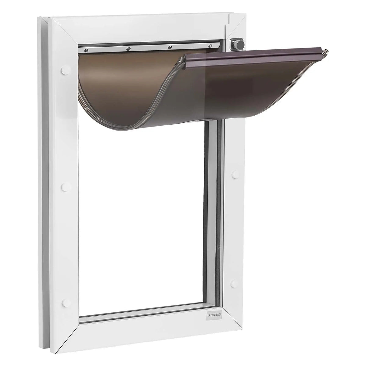 White large dog door with metal frame and double magnetic flaps — side view