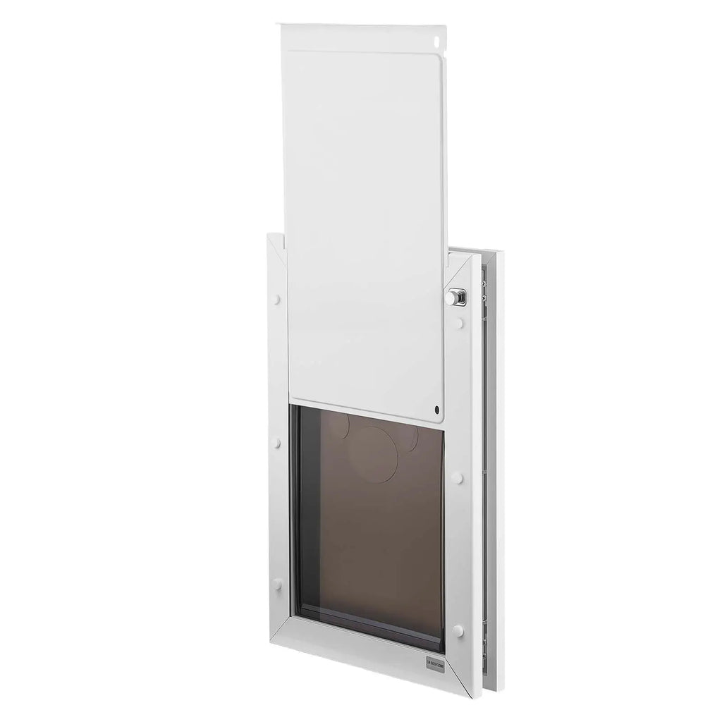 White large dog door with metal frame and double magnetic flaps — close-up detail