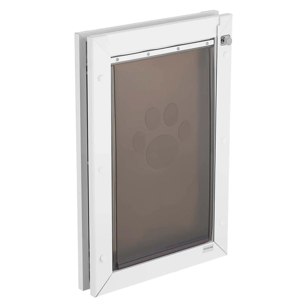 White large dog door with metal frame and double magnetic flaps — assembly detail