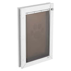 White large dog door with metal frame and double magnetic flaps — assembly detail
