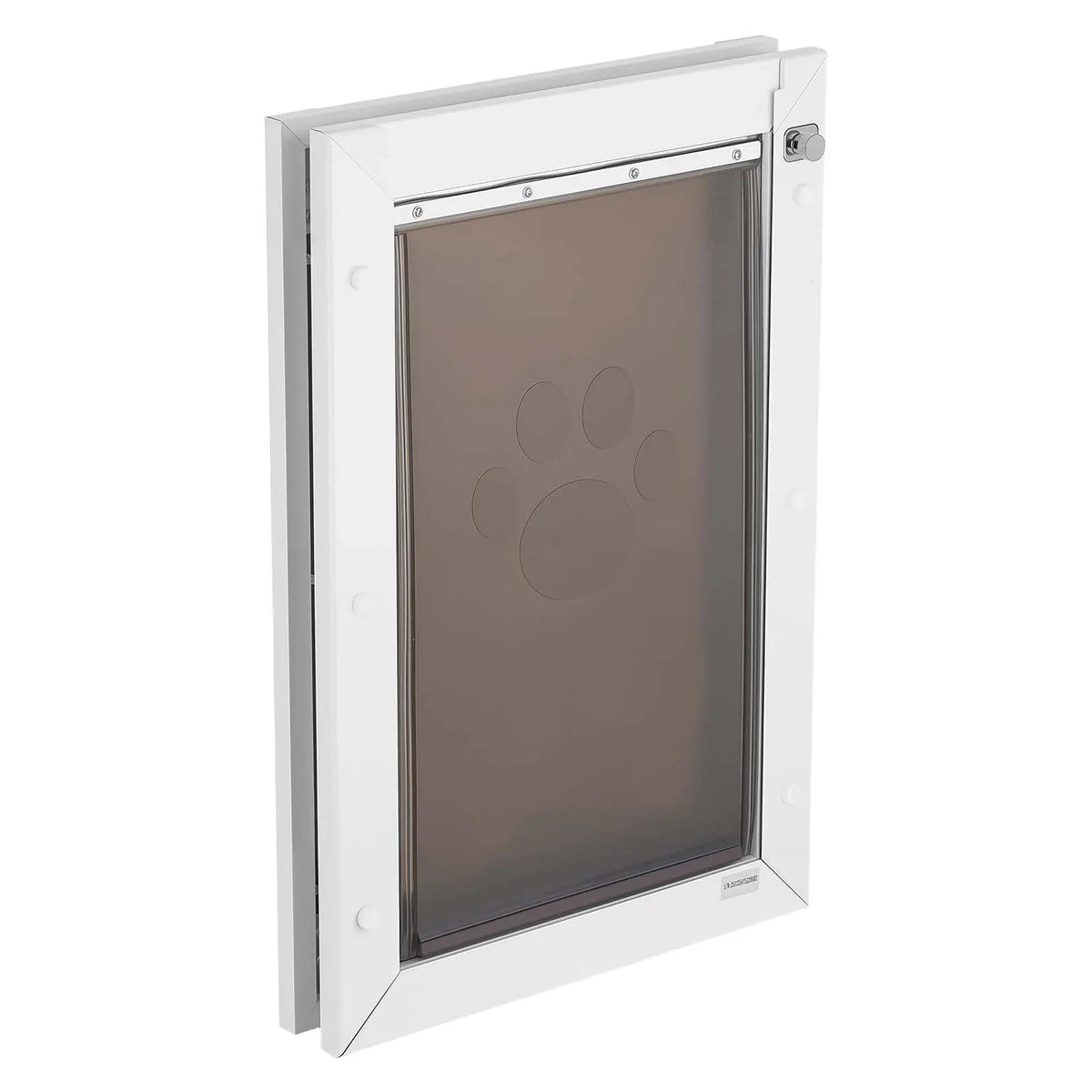 White large dog door with metal frame and double magnetic flaps — assembly detail