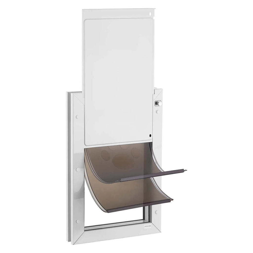 White large dog door with metal frame and double magnetic flaps — storage view