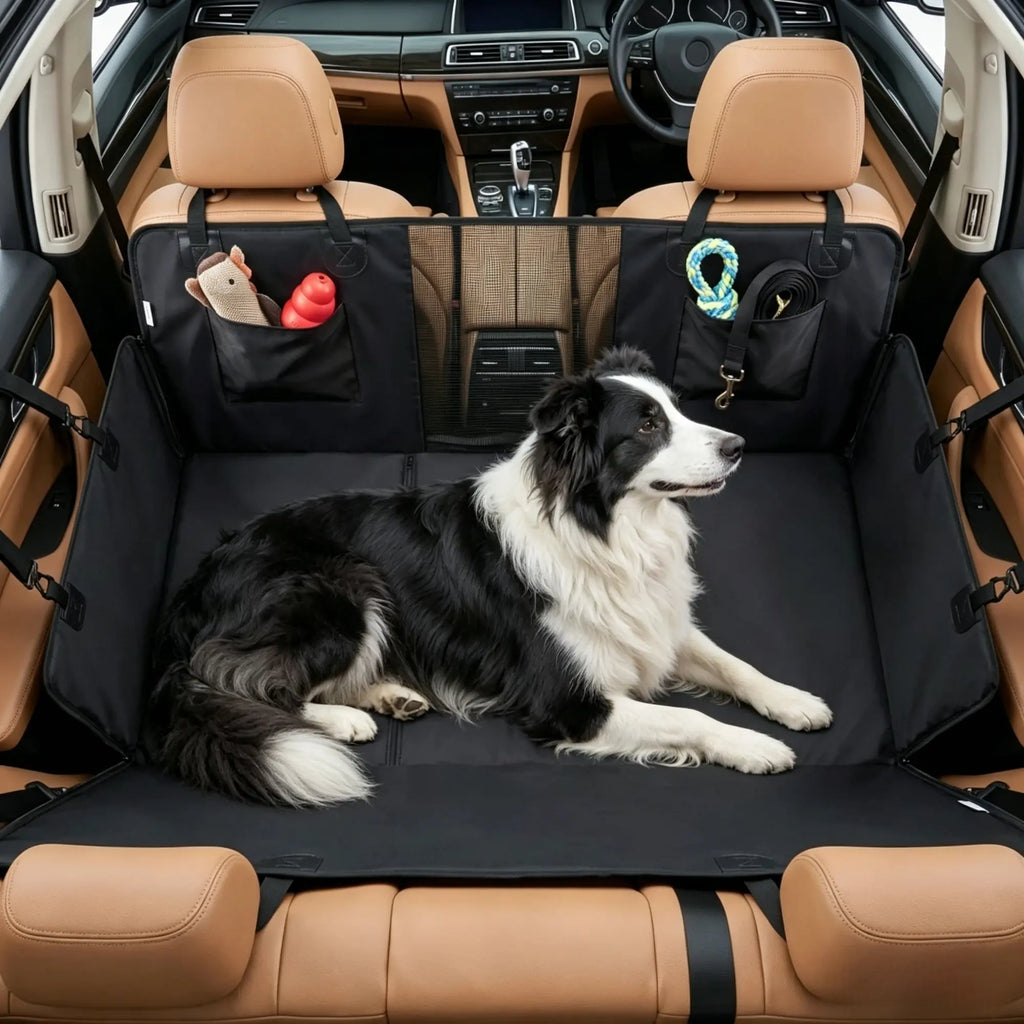 Black waterproof dog car hammock with supportive hard bottom — main product view