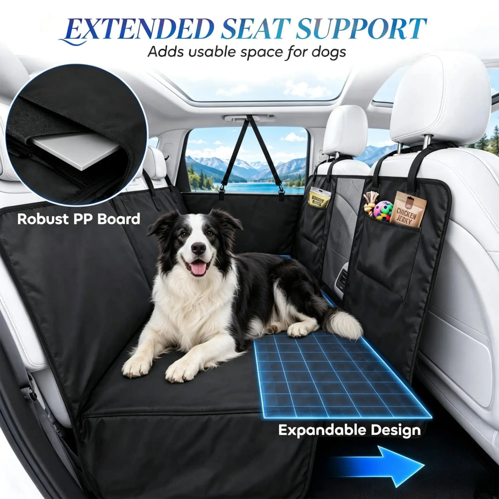 Black waterproof dog car hammock with supportive hard bottom — lifestyle view