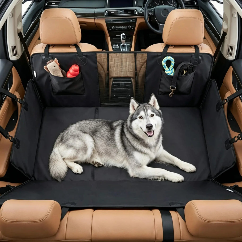 Black waterproof dog car hammock with supportive hard bottom — overall design