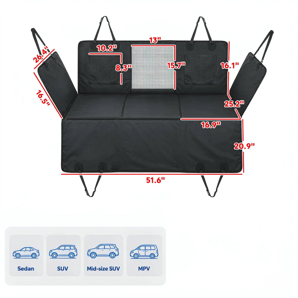 Black waterproof dog car hammock with supportive hard bottom — dimensions and fit