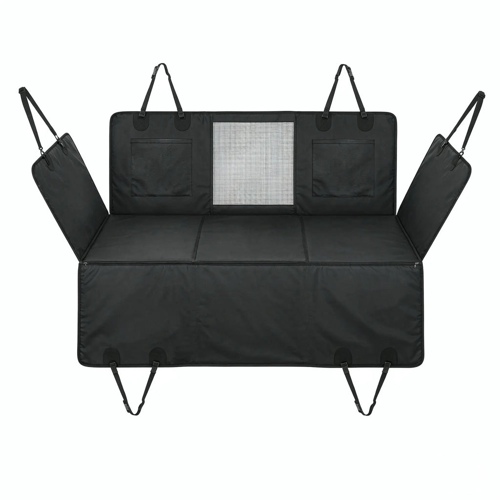 Black waterproof dog car hammock with supportive hard bottom — material detail